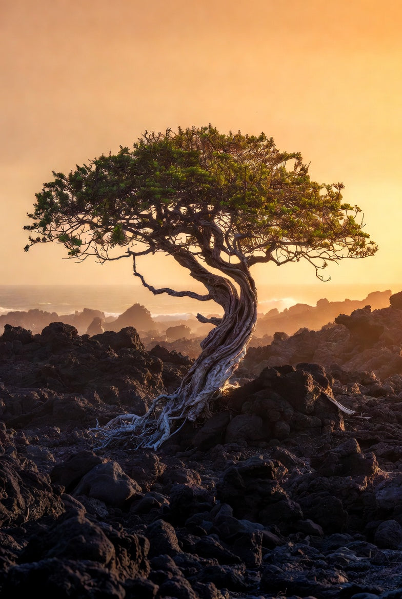 The kiawe tree — rooted in Hawaiian lava rock